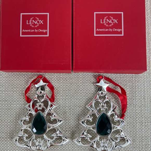 Lenox Bejeweled Ornaments Silverplate Green Stone Tree Set of 2 New In Box - Picture 1 of 10